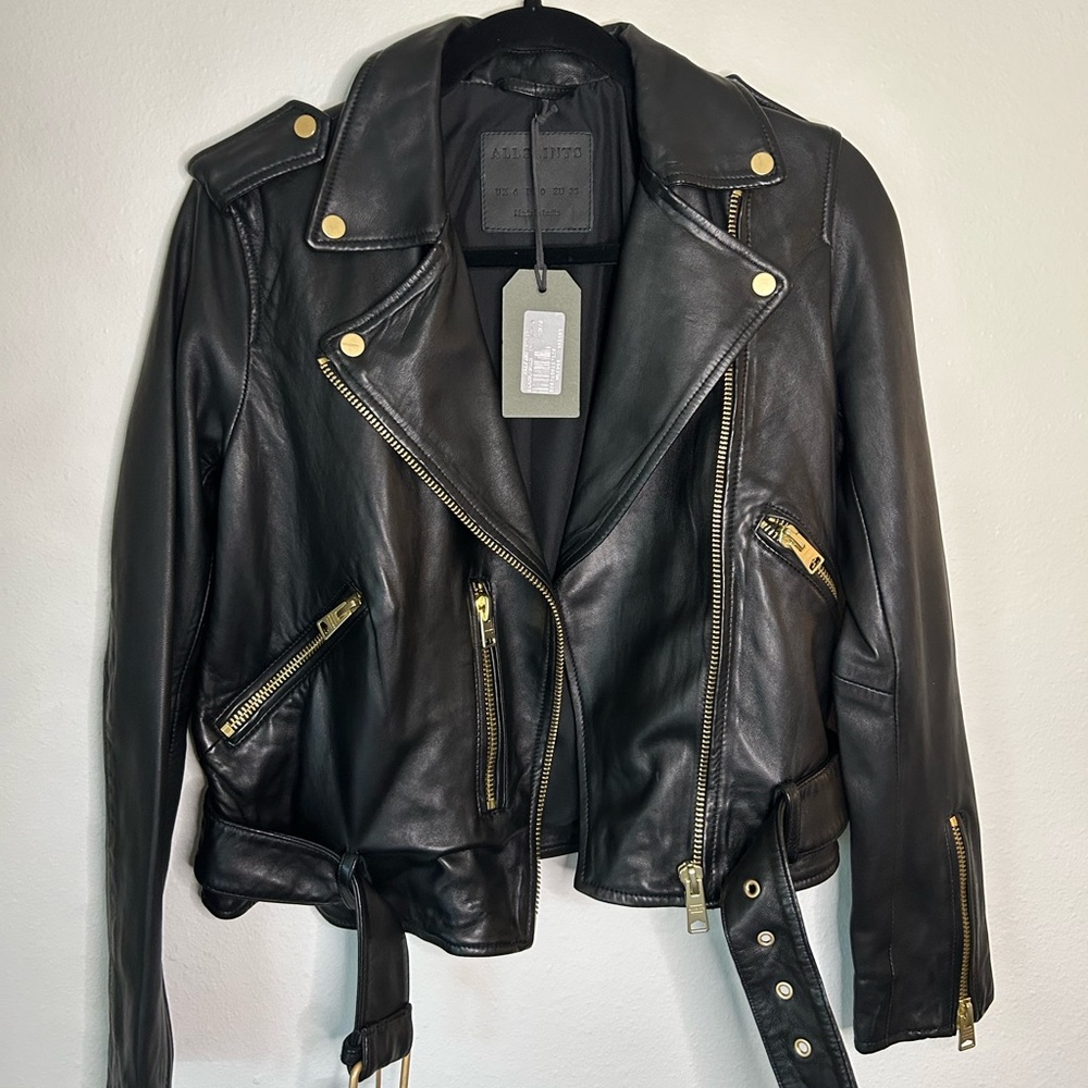 All Saints Balfern Gold Biker Jacket Size 0 NWT